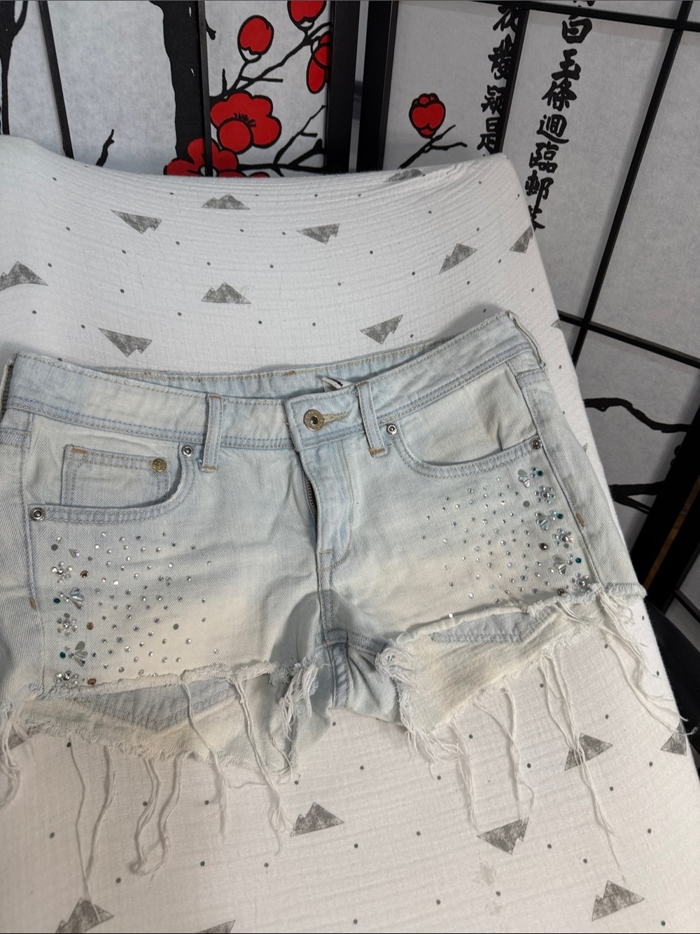 H&M Light Blue Distressed Denim Shorts with Rhinestone Accent